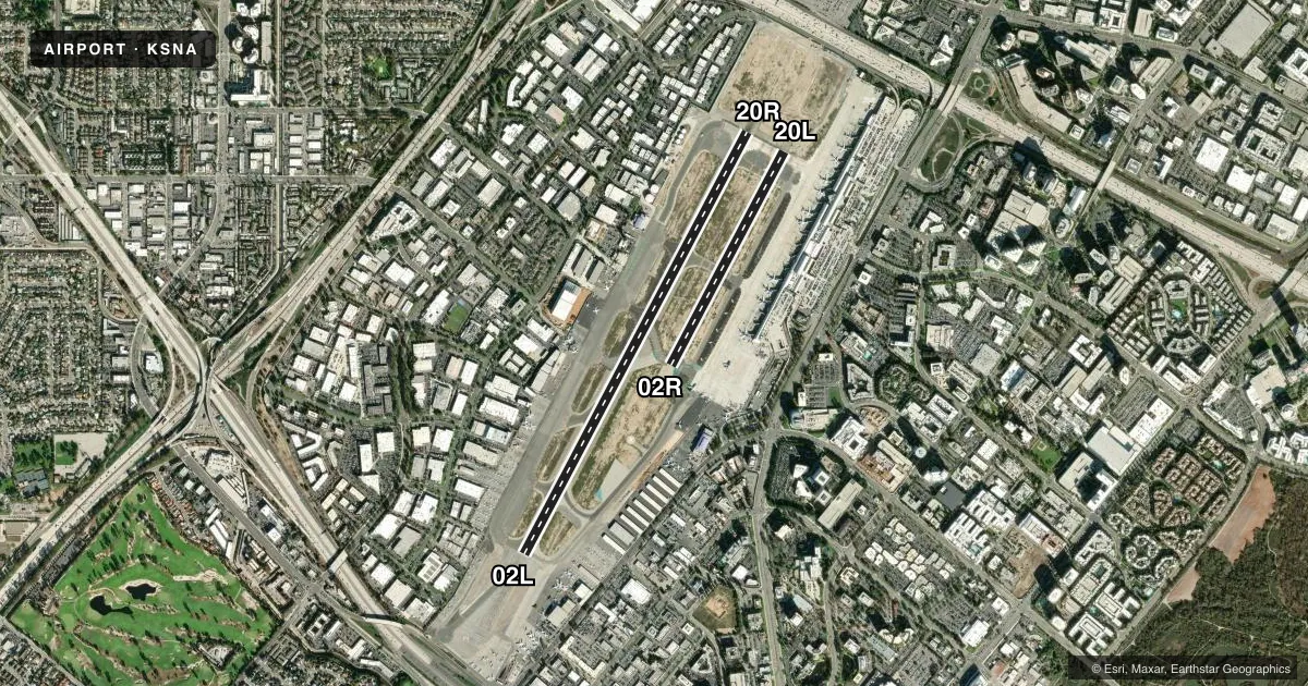 Top-down satellite sketch of KSNA JOHN WAYNE/ORANGE COUNTY in SANTA ANA, CALIFORNIA, showing runways 02L/20R, 02R/20L drawn to scale over Esri World Imagery