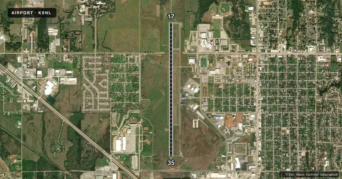 Top-down satellite sketch of KSNL SHAWNEE RGNL in SHAWNEE, OKLAHOMA, showing runways 17/35 drawn to scale over Esri World Imagery