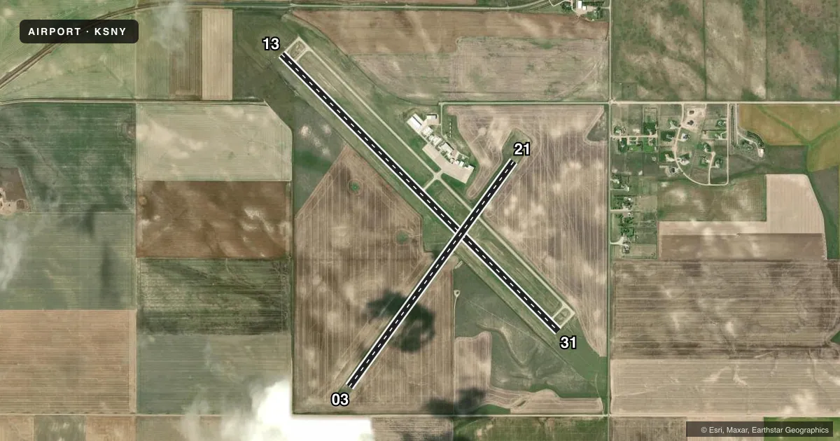 Top-down satellite sketch of KSNY SIDNEY MUNI/LLOYD W CARR FLD in SIDNEY, NEBRASKA, showing runways 13/31, 03/21 drawn to scale over Esri World Imagery
