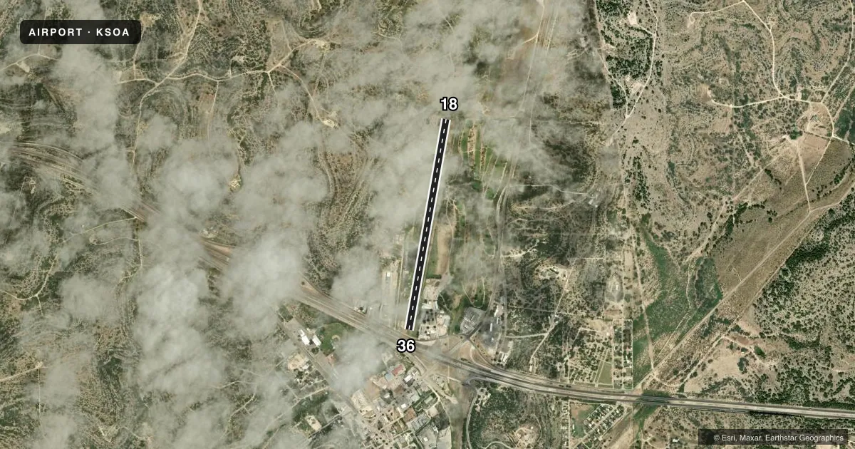 Top-down satellite sketch of KSOA SONORA MUNI in SONORA, TEXAS, showing runways 18/36 drawn to scale over Esri World Imagery