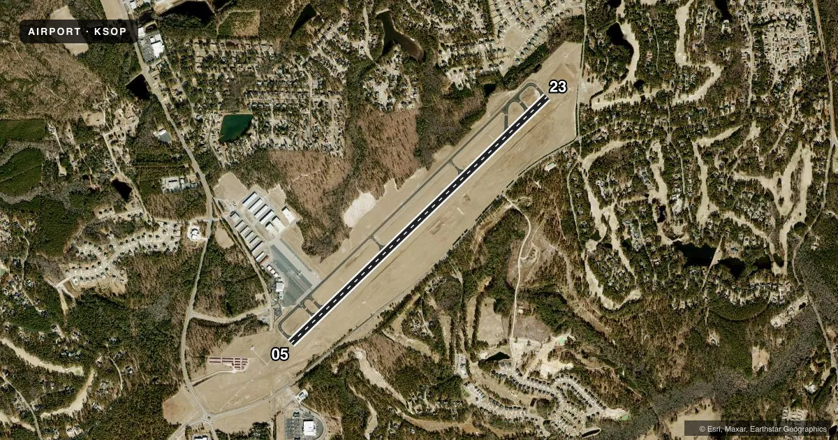 Top-down satellite sketch of KSOP MOORE COUNTY in PINEHURST/SOUTHERN PINES, NORTH CAROLINA, showing runways 05/23 drawn to scale over Esri World Imagery