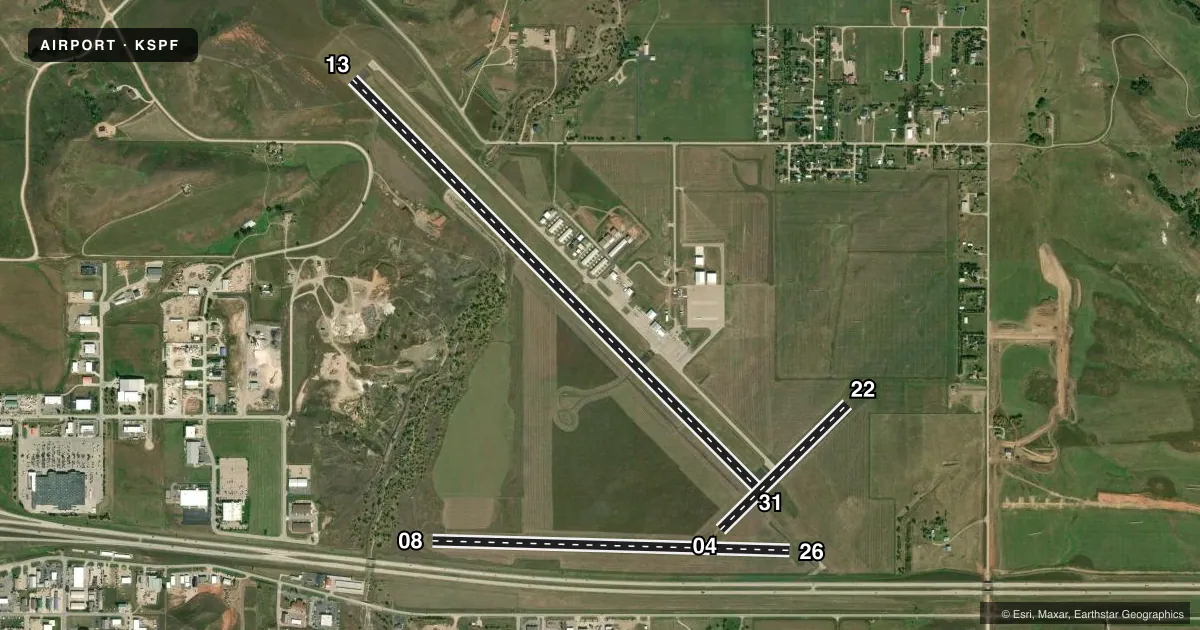 Top-down satellite sketch of KSPF BLACK HILLS-CLYDE ICE FLD in SPEARFISH, SOUTH DAKOTA, showing runways 13/31, 08/26, 04/22 drawn to scale over Esri World Imagery
