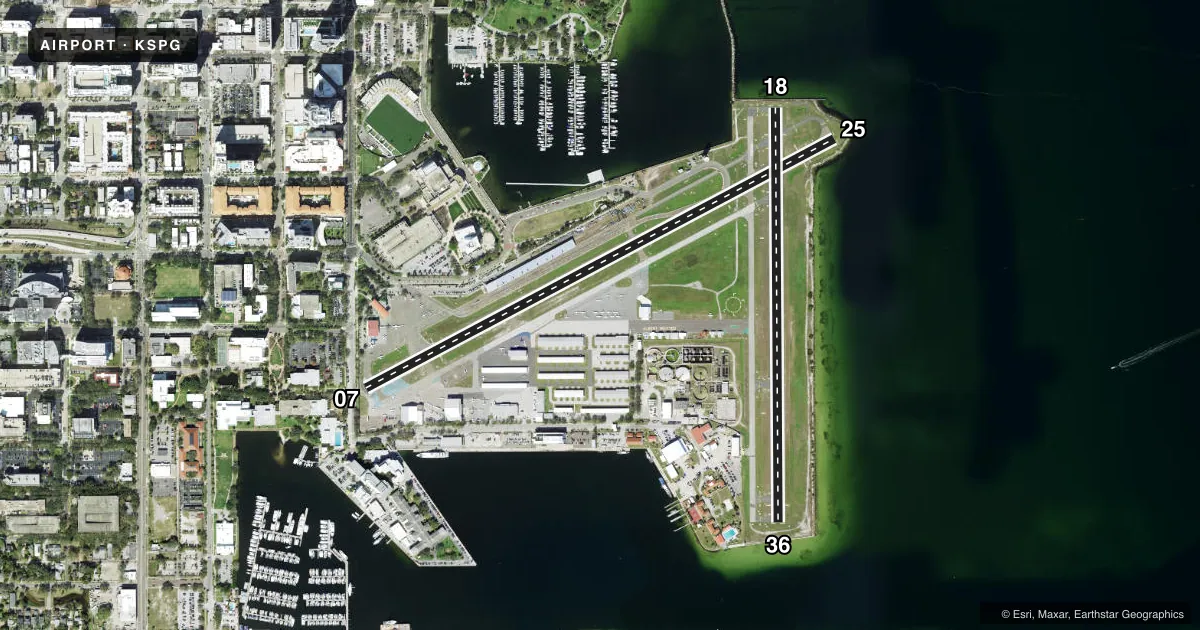Top-down satellite sketch of KSPG ALBERT WHITTED in ST PETERSBURG, FLORIDA, showing runways 07/25, 18/36 drawn to scale over Esri World Imagery