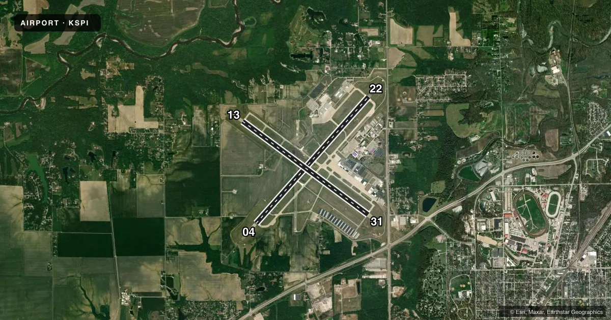 Top-down satellite sketch of KSPI ABRAHAM LINCOLN CAPITAL in SPRINGFIELD, ILLINOIS, showing runways 04/22, 13/31 drawn to scale over Esri World Imagery