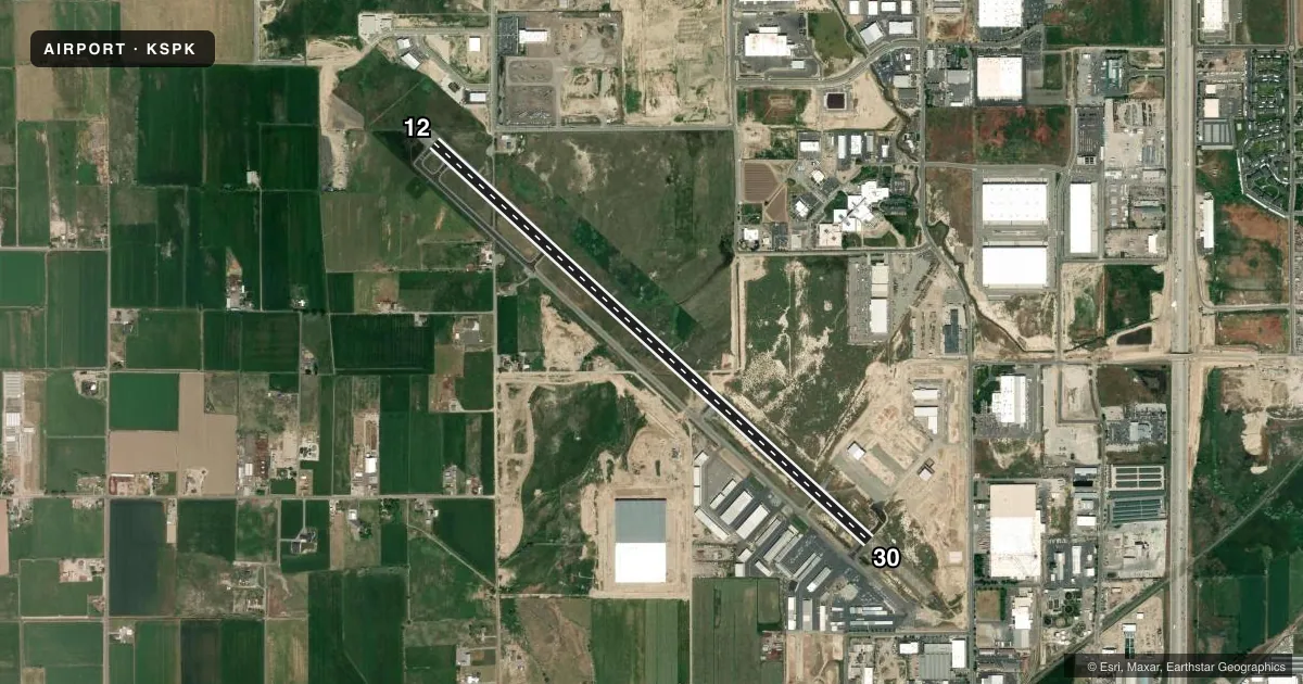 Top-down satellite sketch of KSPK SPANISH FORK MUNI/WOODHOUSE FLD in SPANISH FORK, UTAH, showing runways 12/30 drawn to scale over Esri World Imagery