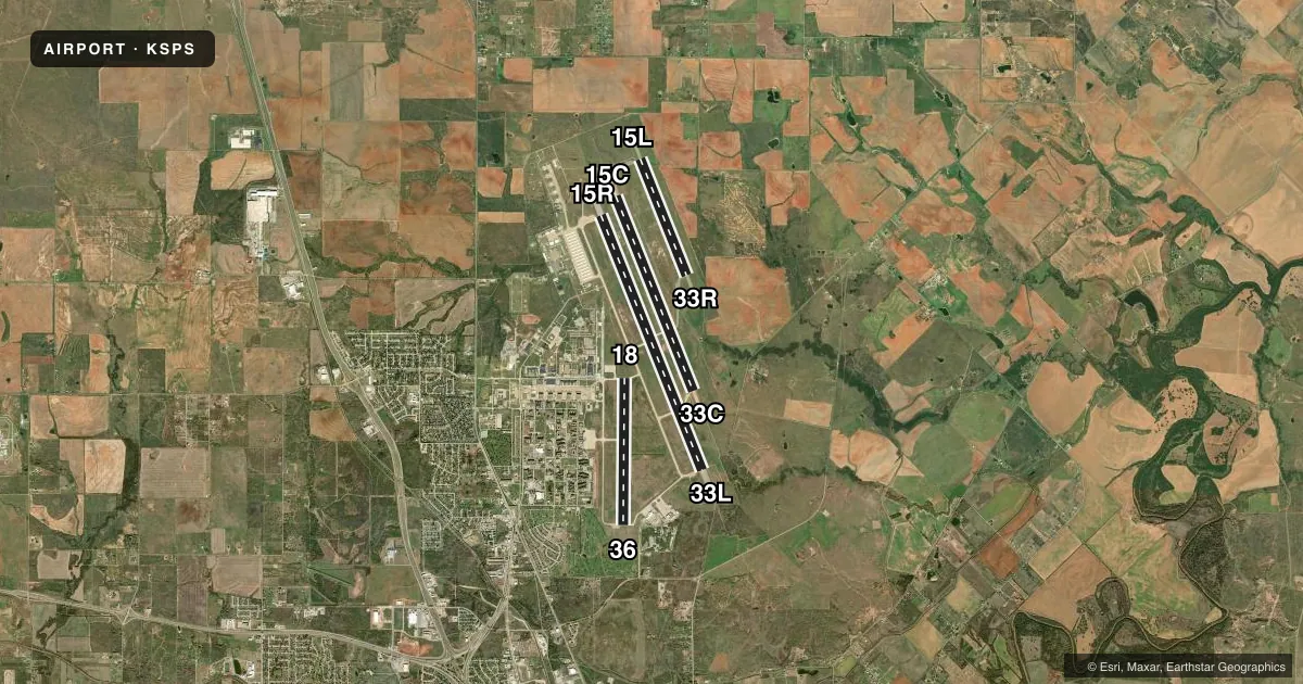 Top-down satellite sketch of KSPS SHEPPARD AFB/WICHITA FALLS MUNI in WICHITA FALLS, TEXAS, showing runways 15R/33L, 15C/33C, 18/36, 15L/33R drawn to scale over Esri World Imagery