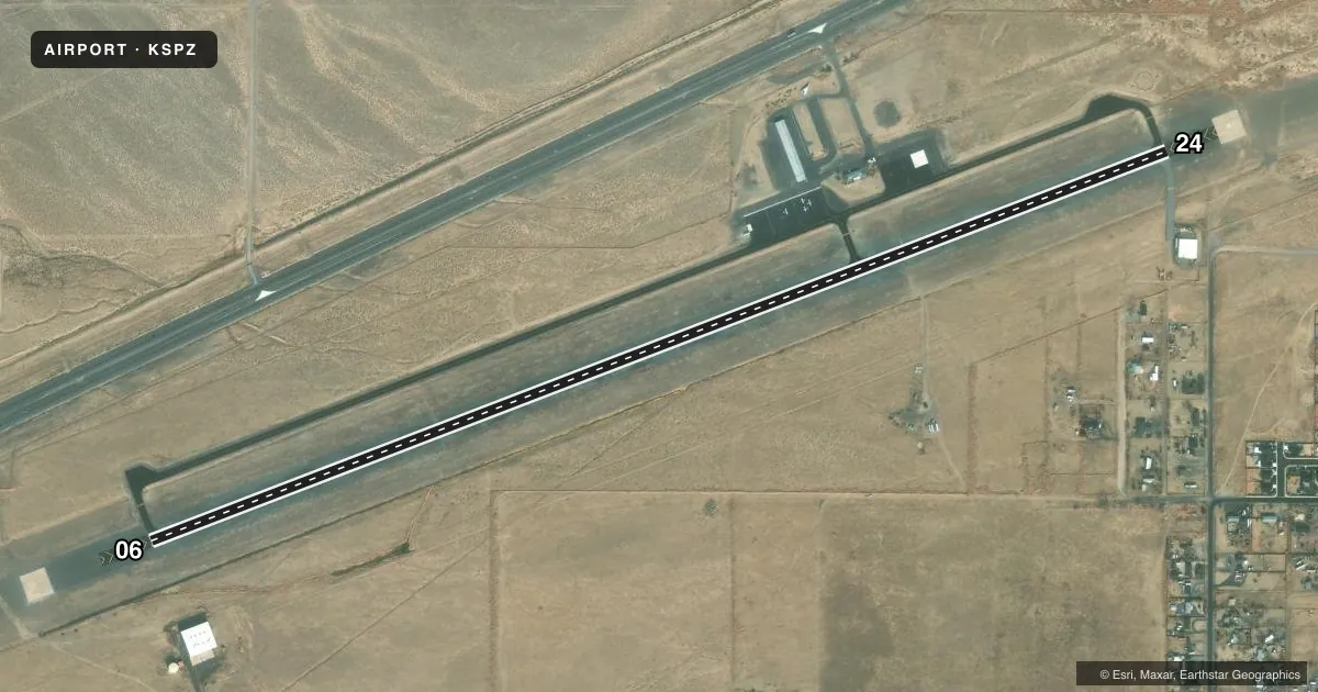Top-down satellite sketch of KSPZ SILVER SPRINGS in SILVER SPRINGS, NEVADA, showing runways 06/24 drawn to scale over Esri World Imagery