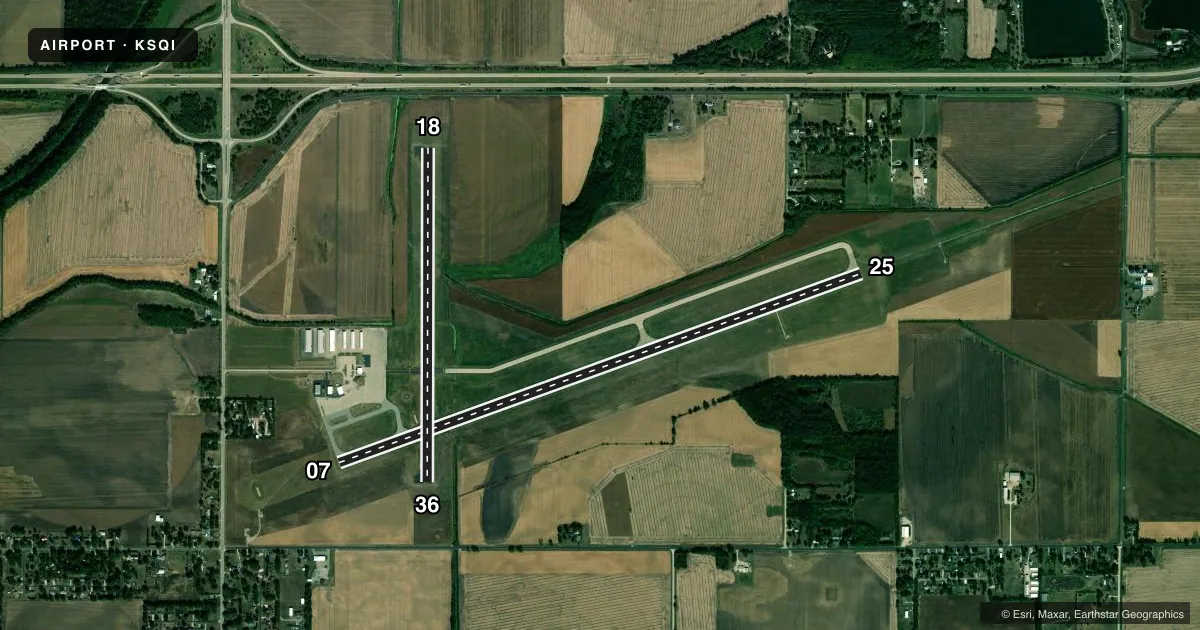 Top-down satellite sketch of KSQI WHITESIDE COUNTY/JOS H BITTORF FLD in STERLING/ROCKFALLS, ILLINOIS, showing runways 07/25, 18/36 drawn to scale over Esri World Imagery
