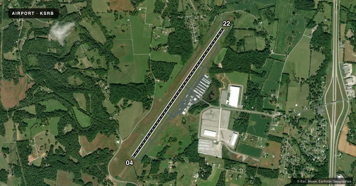 Top-down satellite sketch of KSRB UPPER CUMBERLAND RGNL in SPARTA, TENNESSEE, showing runways 04/22 drawn to scale over Esri World Imagery
