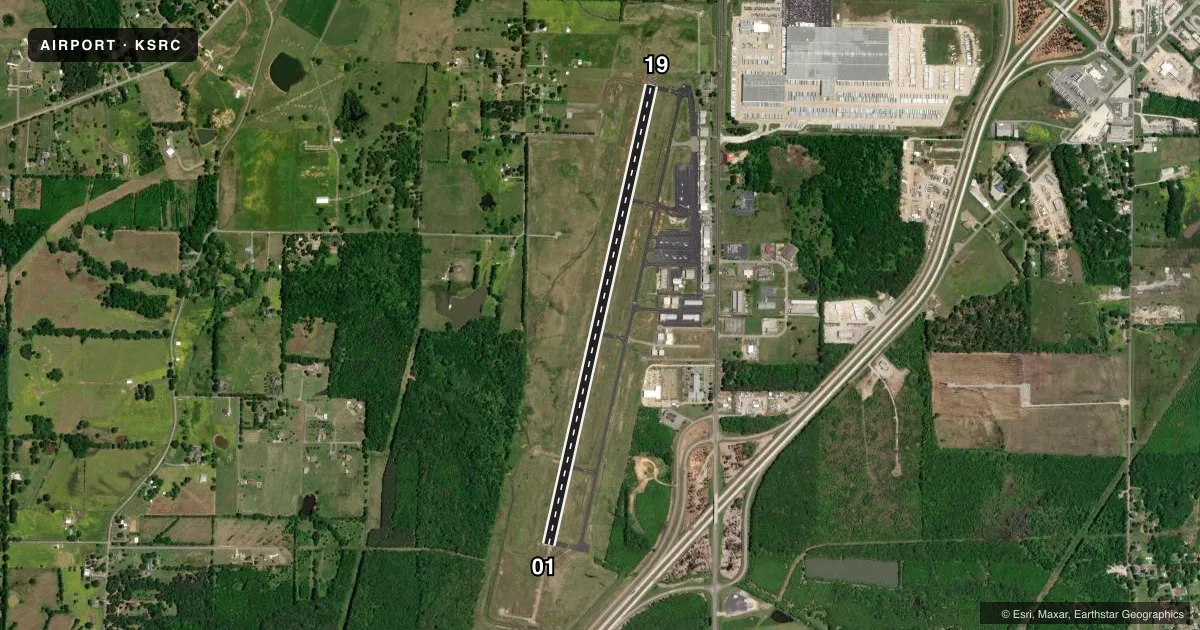 Top-down satellite sketch of KSRC SEARCY RGNL in SEARCY, ARKANSAS, showing runways 01/19 drawn to scale over Esri World Imagery