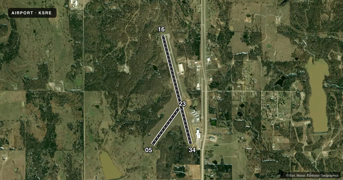 Top-down satellite sketch of KSRE SEMINOLE MUNI in SEMINOLE, OKLAHOMA, showing runways 16/34, 05/23 drawn to scale over Esri World Imagery