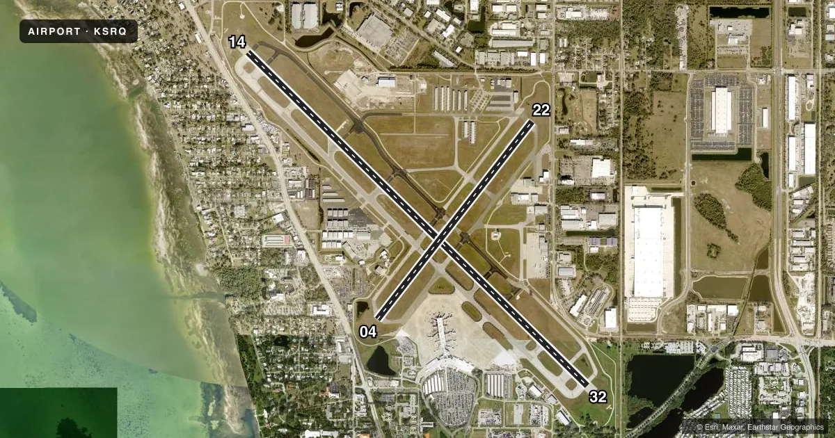 Top-down satellite sketch of KSRQ SARASOTA/BRADENTON INTL in SARASOTA/BRADENTON, FLORIDA, showing runways 14/32, 04/22 drawn to scale over Esri World Imagery