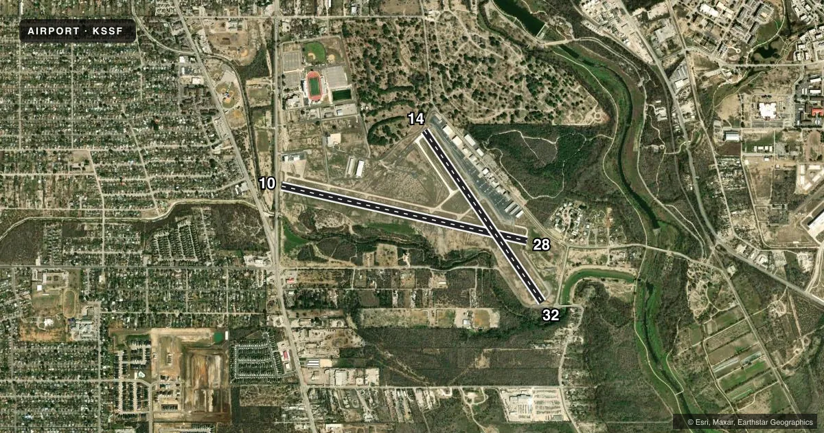 Top-down satellite sketch of KSSF STINSON MUNI in SAN ANTONIO, TEXAS, showing runways 10/28, 14/32 drawn to scale over Esri World Imagery