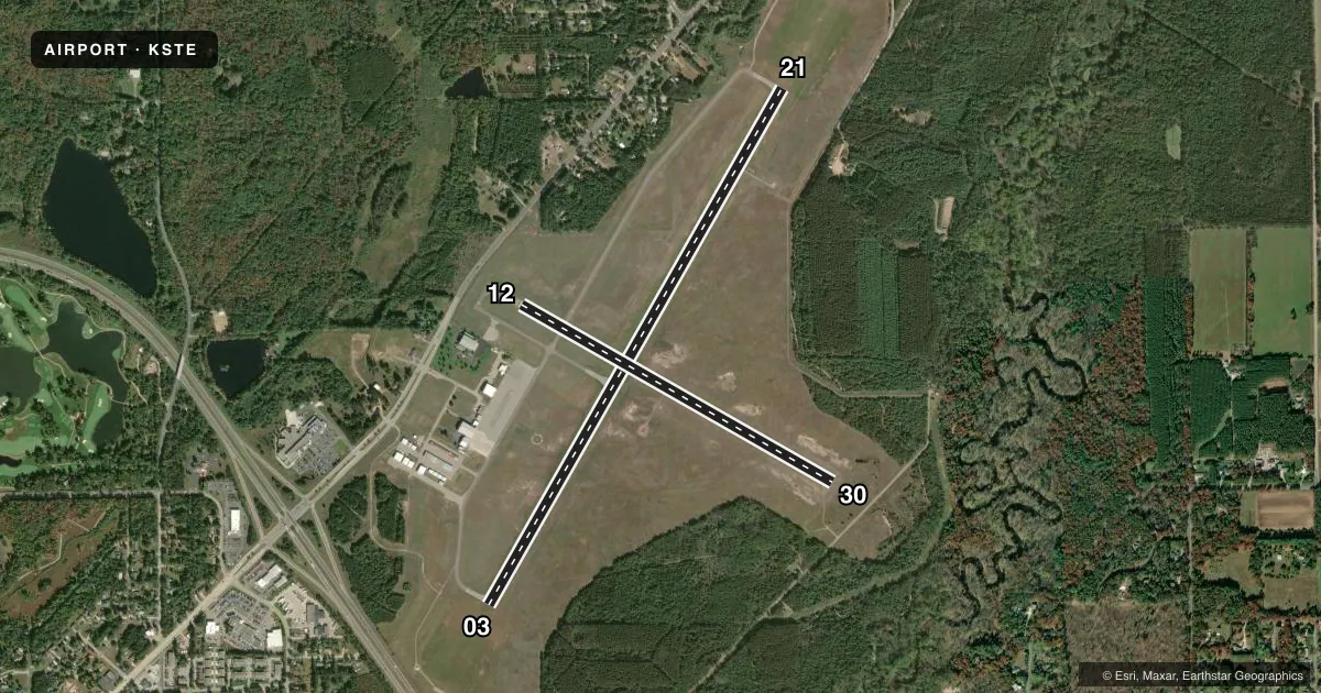 Top-down satellite sketch of KSTE STEVENS POINT MUNI in STEVENS POINT, WISCONSIN, showing runways 03/21, 12/30 drawn to scale over Esri World Imagery