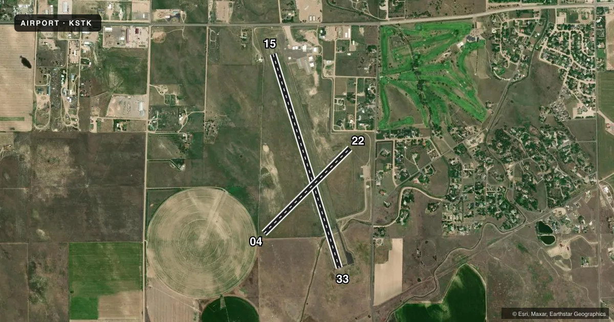 Top-down satellite sketch of KSTK STERLING MUNI in STERLING, COLORADO, showing runways 15/33, 04/22 drawn to scale over Esri World Imagery
