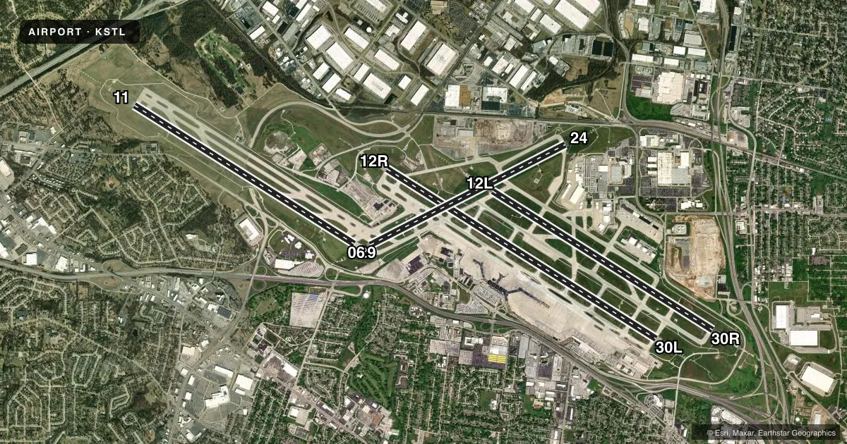 Top-down satellite sketch of KSTL ST LOUIS LAMBERT INTL in ST LOUIS, MISSOURI, showing runways 12R/30L, 12L/30R, 11/29, 06/24 drawn to scale over Esri World Imagery