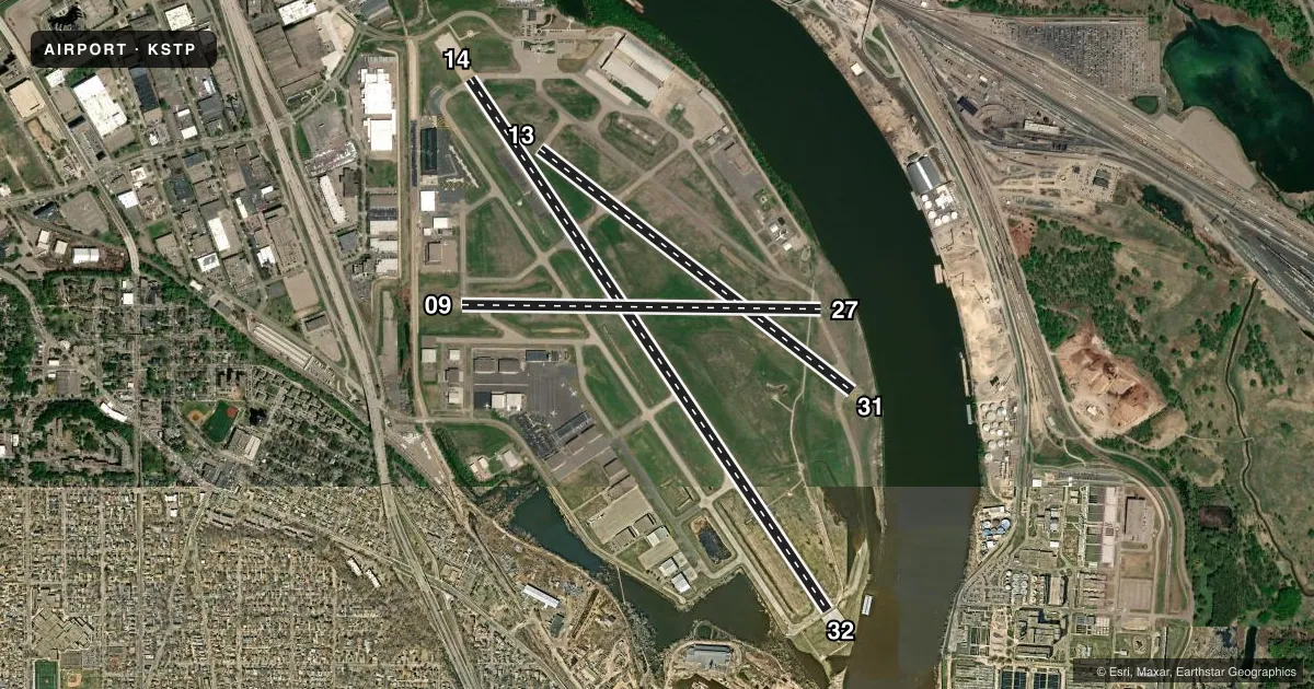 Top-down satellite sketch of KSTP ST PAUL DOWNTOWN HOLMAN FLD in ST PAUL, MINNESOTA, showing runways 14/32, 13/31, 09/27 drawn to scale over Esri World Imagery