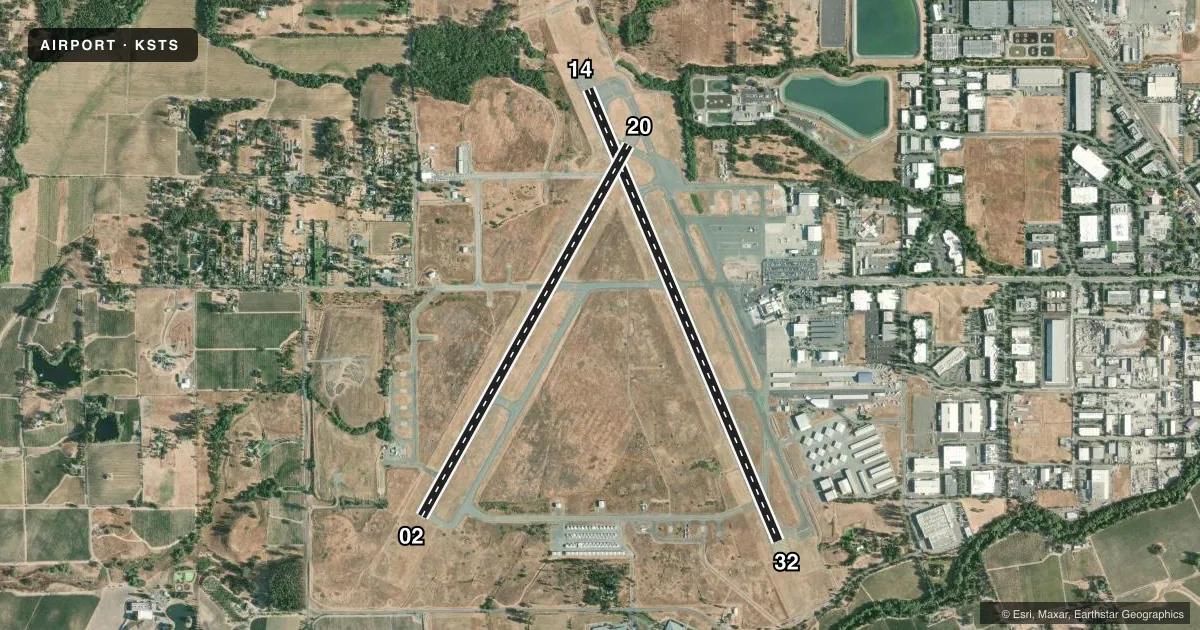 Top-down satellite sketch of KSTS CHARLES M SCHULZ/SONOMA COUNTY in SANTA ROSA, CALIFORNIA, showing runways 14/32, 02/20 drawn to scale over Esri World Imagery
