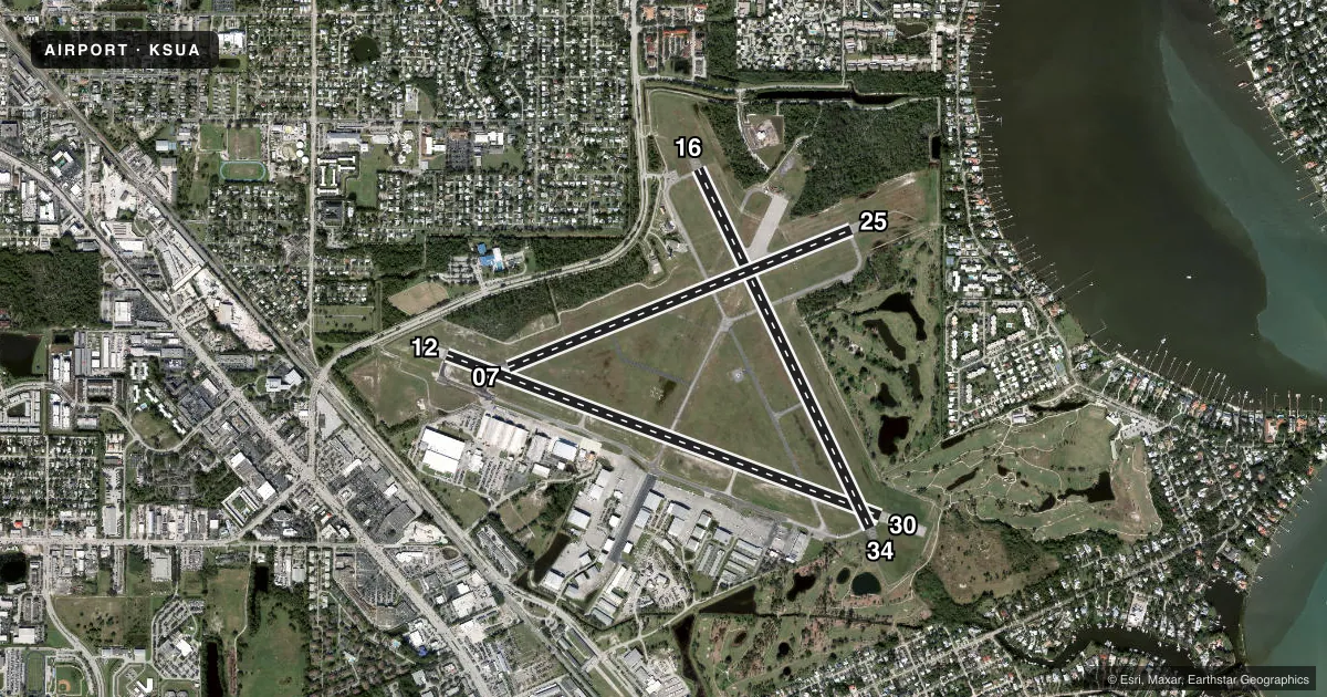 Top-down satellite sketch of KSUA WITHAM FLD in STUART, FLORIDA, showing runways 12/30, 16/34, 07/25 drawn to scale over Esri World Imagery