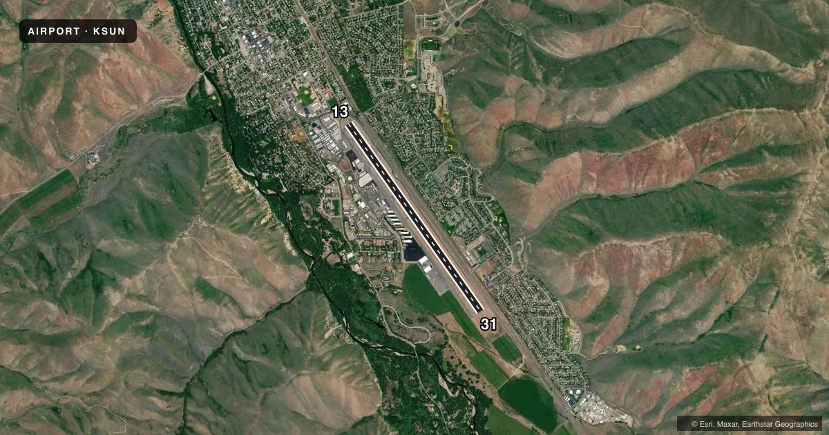 Top-down satellite sketch of KSUN FRIEDMAN MEML in HAILEY, IDAHO, showing runways 13/31 drawn to scale over Esri World Imagery