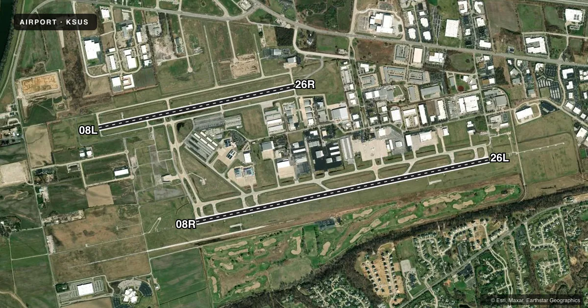 Top-down satellite sketch of KSUS SPIRIT OF ST LOUIS in ST LOUIS, MISSOURI, showing runways 08R/26L, 08L/26R drawn to scale over Esri World Imagery