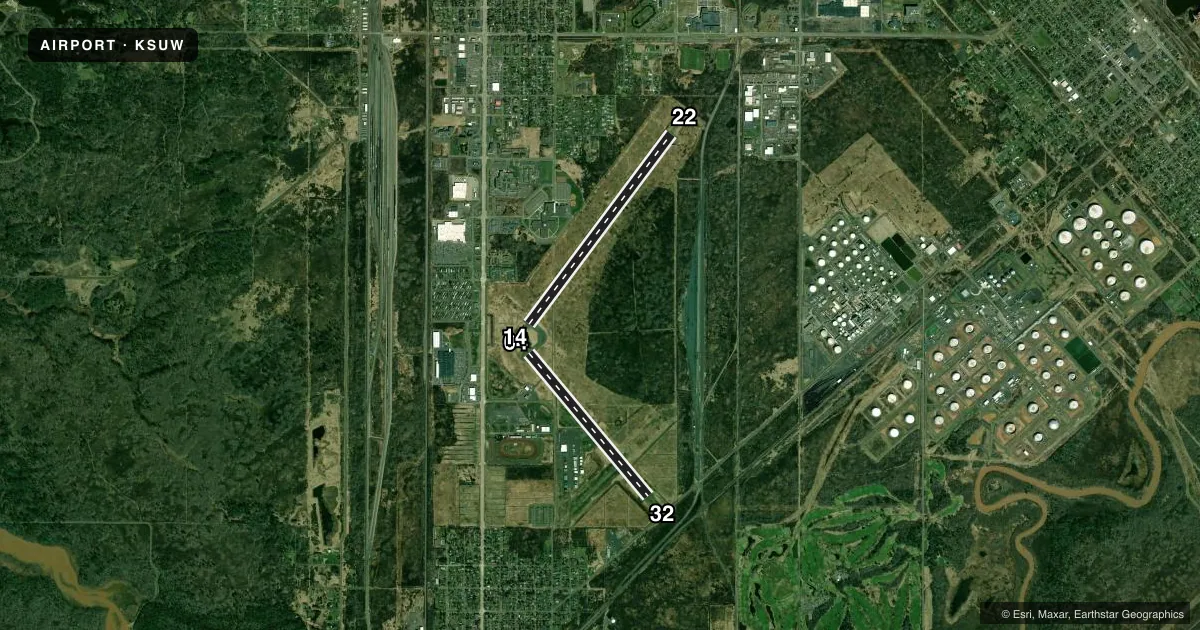 Top-down satellite sketch of KSUW RICHARD I BONG in SUPERIOR, WISCONSIN, showing runways 04/22, 14/32 drawn to scale over Esri World Imagery