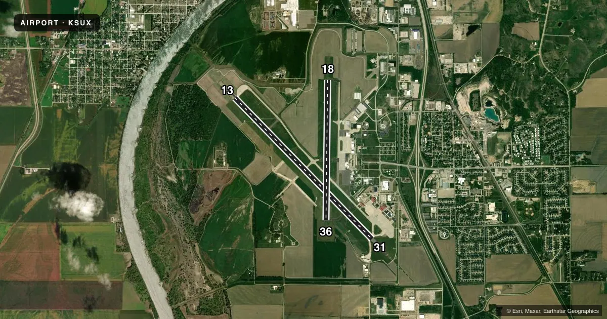 Top-down satellite sketch of KSUX SIOUX GATEWAY/BRIG GENERAL BUD DAY FLD in SIOUX CITY, IOWA, showing runways 13/31, 18/36 drawn to scale over Esri World Imagery