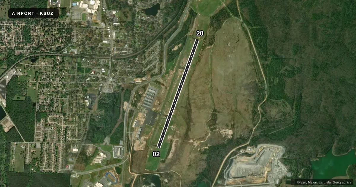 Top-down satellite sketch of KSUZ SALINE COUNTY RGNL in BENTON, ARKANSAS, showing runways 02/20 drawn to scale over Esri World Imagery