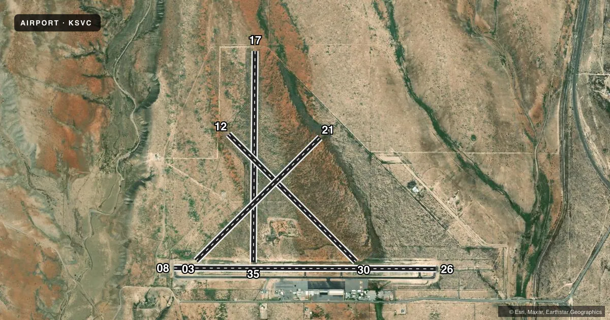Top-down satellite sketch of KSVC GRANT COUNTY in SILVER CITY, NEW MEXICO, showing runways 08/26, 17/35, 12/30, 03/21 drawn to scale over Esri World Imagery