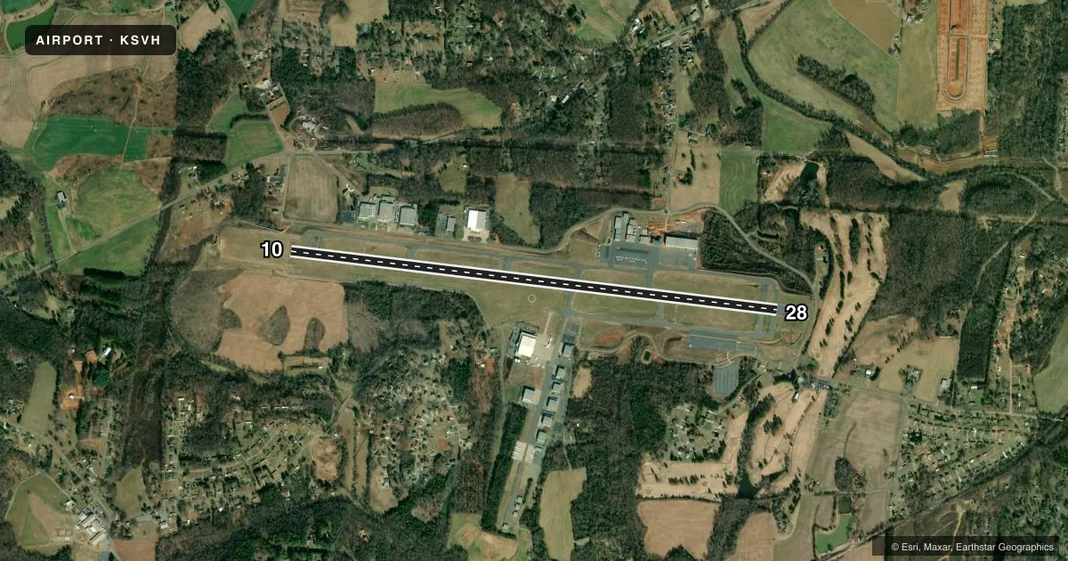 Top-down satellite sketch of KSVH STATESVILLE RGNL in STATESVILLE, NORTH CAROLINA, showing runways 10/28 drawn to scale over Esri World Imagery