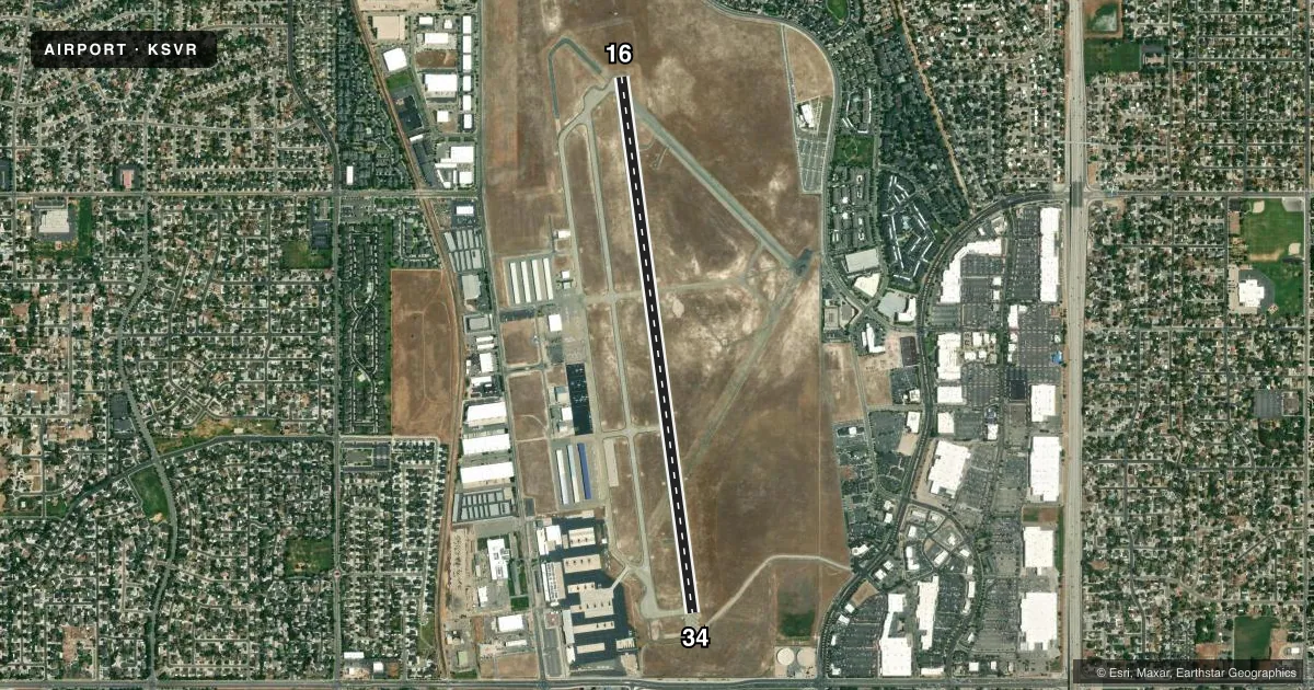 Top-down satellite sketch of KSVR SOUTH VALLEY RGNL in SALT LAKE CITY, UTAH, showing runways 16/34 drawn to scale over Esri World Imagery