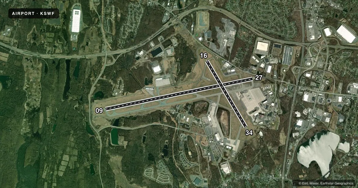 Top-down satellite sketch of KSWF NEW YORK STEWART INTL in NEW YORK, NEW YORK, showing runways 09/27, 16/34 drawn to scale over Esri World Imagery