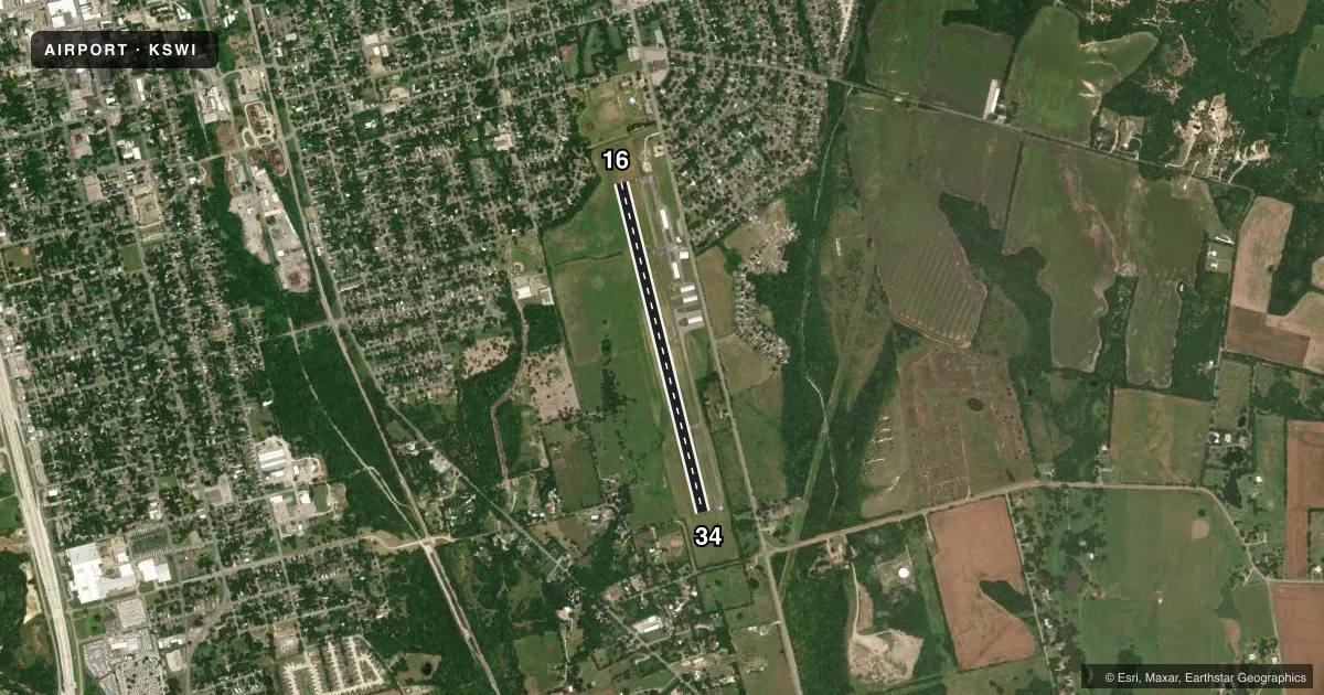 Top-down satellite sketch of KSWI SHERMAN MUNI in SHERMAN, TEXAS, showing runways 16/34 drawn to scale over Esri World Imagery