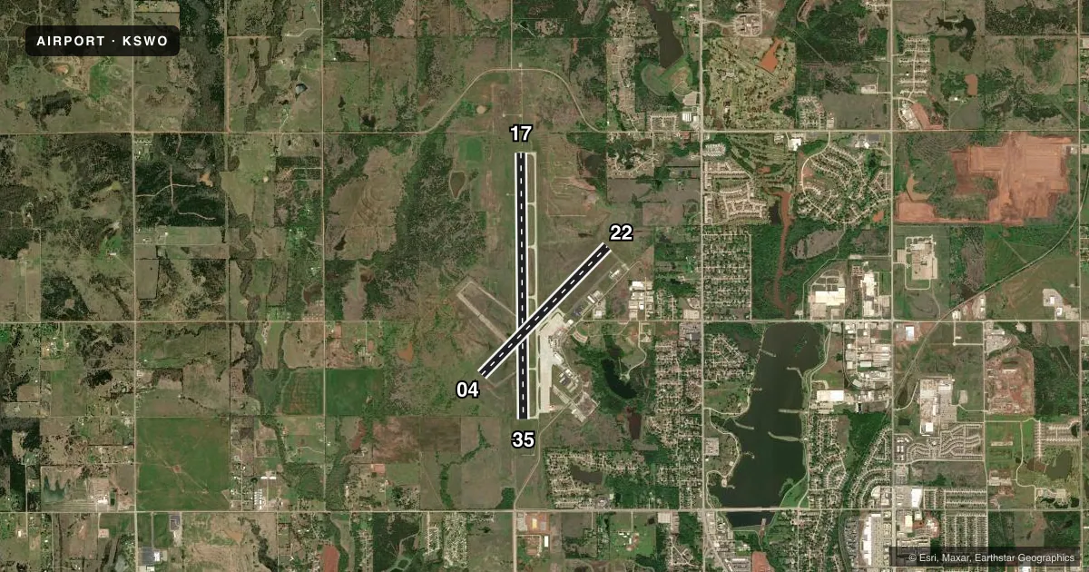 Top-down satellite sketch of KSWO STILLWATER RGNL in STILLWATER, OKLAHOMA, showing runways 17/35, 04/22 drawn to scale over Esri World Imagery