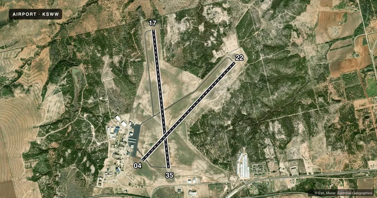 Top-down satellite sketch of KSWW AVENGER FLD in SWEETWATER, TEXAS, showing runways 17/35, 04/22 drawn to scale over Esri World Imagery