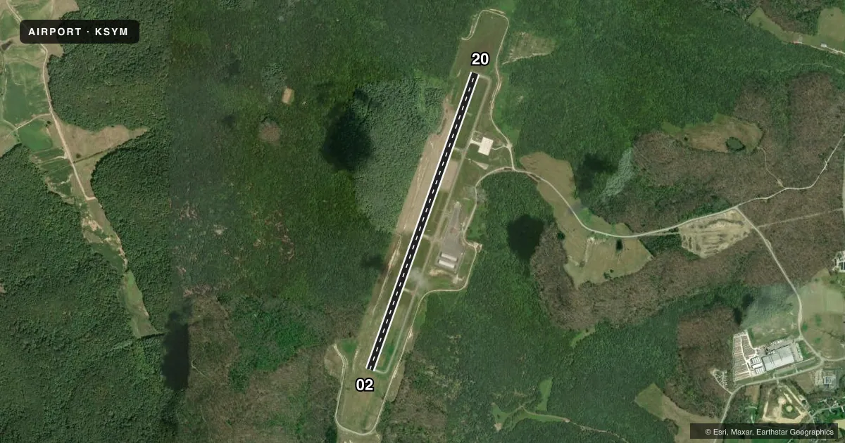Top-down satellite sketch of KSYM MOREHEAD-ROWAN COUNTY CLYDE A THOMAS RGNL in MOREHEAD, KENTUCKY, showing runways 02/20 drawn to scale over Esri World Imagery