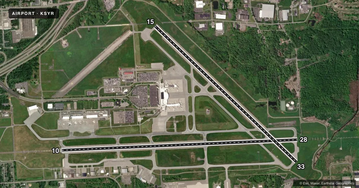 Top-down satellite sketch of KSYR SYRACUSE HANCOCK INTL in SYRACUSE, NEW YORK, showing runways 10/28, 15/33 drawn to scale over Esri World Imagery