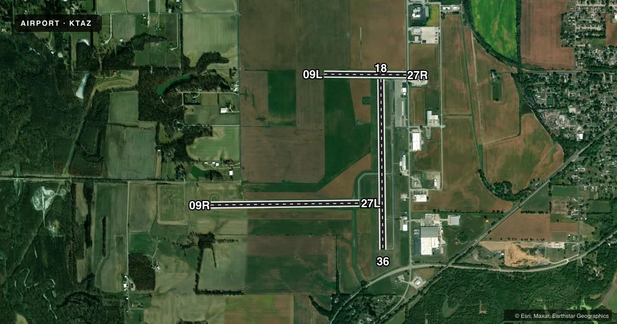 Top-down satellite sketch of KTAZ TAYLORVILLE MUNI in TAYLORVILLE, ILLINOIS, showing runways 18/36, 09R/27L, 09L/27R drawn to scale over Esri World Imagery