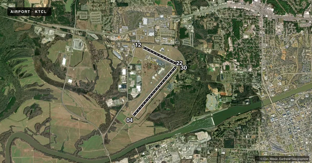 Top-down satellite sketch of KTCL TUSCALOOSA NTL in TUSCALOOSA, ALABAMA, showing runways 04/22, 12/30 drawn to scale over Esri World Imagery