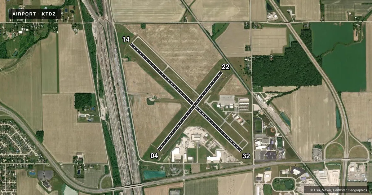 Top-down satellite sketch of KTDZ TOLEDO EXEC in TOLEDO, OHIO, showing runways 14/32, 04/22 drawn to scale over Esri World Imagery