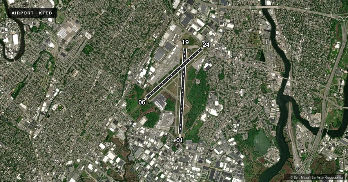 Top-down satellite sketch of KTEB TETERBORO in TETERBORO, NEW JERSEY, showing runways 01/19, 06/24 drawn to scale over Esri World Imagery