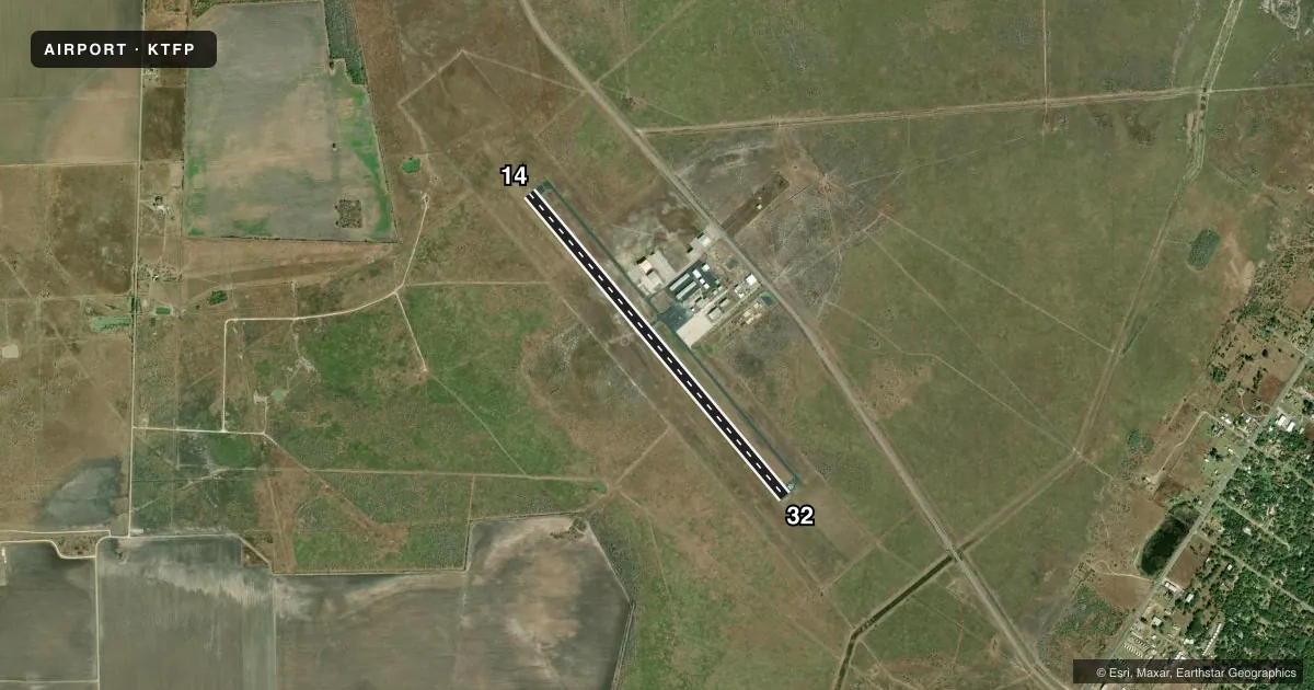 Top-down satellite sketch of KTFP INGLESIDE RGNL in INGLESIDE, TEXAS, showing runways 14/32 drawn to scale over Esri World Imagery