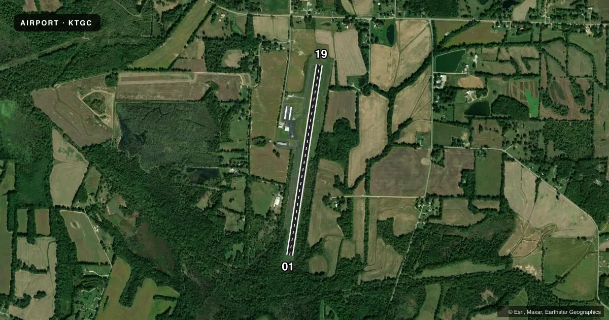 Top-down satellite sketch of KTGC GIBSON COUNTY in TRENTON, TENNESSEE, showing runways 01/19 drawn to scale over Esri World Imagery