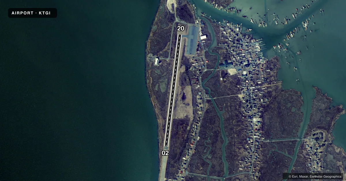 Top-down satellite sketch of KTGI TANGIER ISLAND in TANGIER, VIRGINIA, showing runways 02/20 drawn to scale over Esri World Imagery