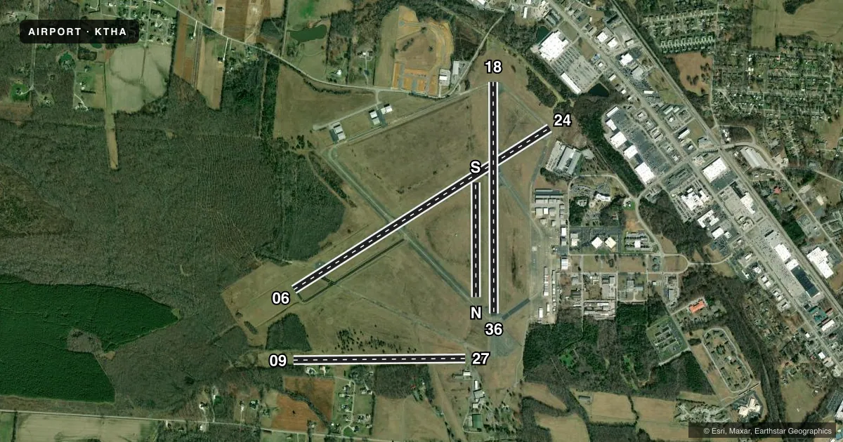 Top-down satellite sketch of KTHA TULLAHOMA RGNL/WM NORTHERN FLD in TULLAHOMA, TENNESSEE, showing runways 06/24, 18/36, 09/27, N/S drawn to scale over Esri World Imagery
