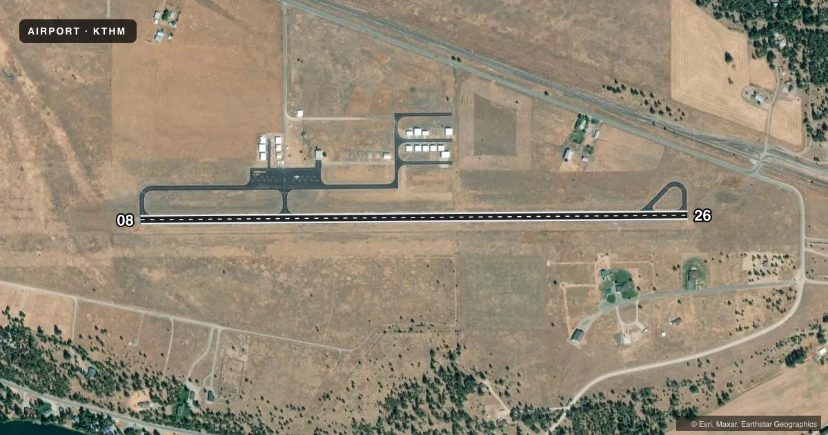 Top-down satellite sketch of KTHM THOMPSON FALLS in THOMPSON FALLS, MONTANA, showing runways 08/26 drawn to scale over Esri World Imagery