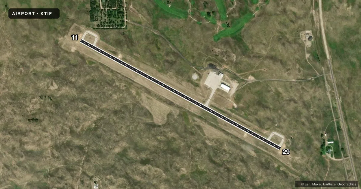 Top-down satellite sketch of KTIF THOMAS COUNTY in THEDFORD, NEBRASKA, showing runways 11/29 drawn to scale over Esri World Imagery