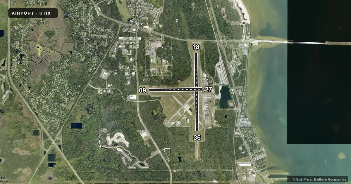 Top-down satellite sketch of KTIX SPACE COAST RGNL in TITUSVILLE, FLORIDA, showing runways 18/36, 09/27 drawn to scale over Esri World Imagery