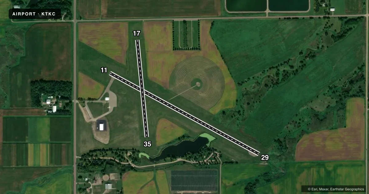 Top-down satellite sketch of KTKC TRACY MUNI in TRACY, MINNESOTA, showing runways 11/29, 17/35 drawn to scale over Esri World Imagery