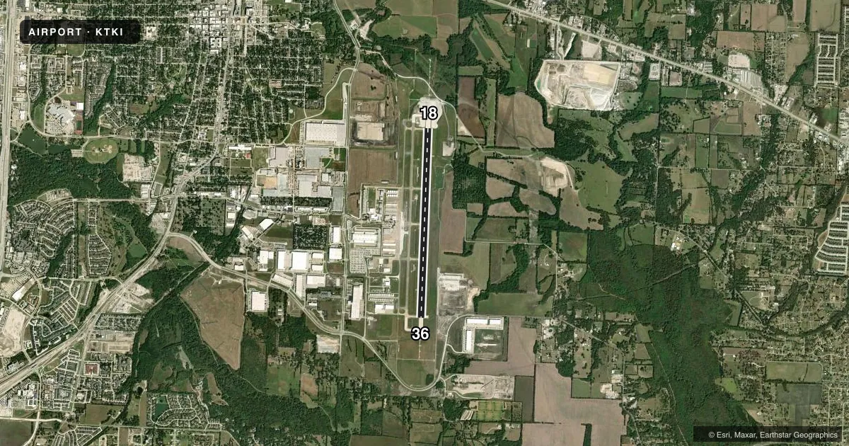 Top-down satellite sketch of KTKI MCKINNEY NTL in DALLAS, TEXAS, showing runways 18/36 drawn to scale over Esri World Imagery